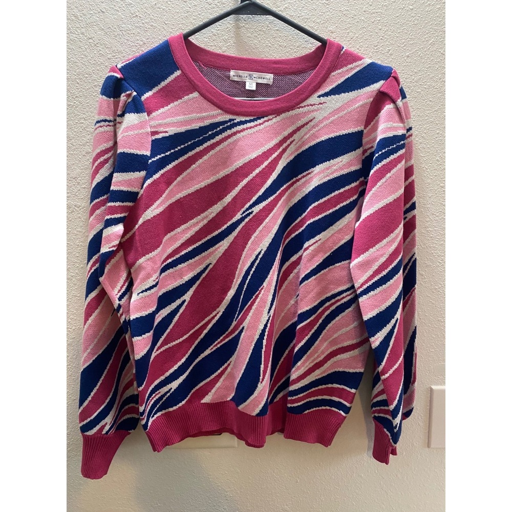 Michelle‎ McDowell Sweater Women M Pink Blue White Abstract Stripe Crew Neck